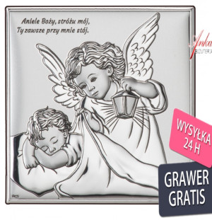 Obrazek srebrny aniołek nad dzieciątkiem 7*7 cm -  "aniele bozy