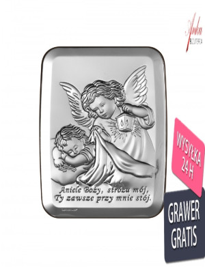 Srebrny obrazek aniołek z latarenką nad dzieckiem 6* 9 cm "aniele
