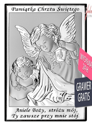 Obrazek srebrny aniołek nad dzieciątkiem 6*9 cm  -pamiątka chrztu