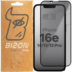 Prywatyzujące szkło hartowane Bizon Glass Edge Shadow do iPhone 17e / 16e / 14 / 13 Pro /13, przyciemniane z czarną ramką