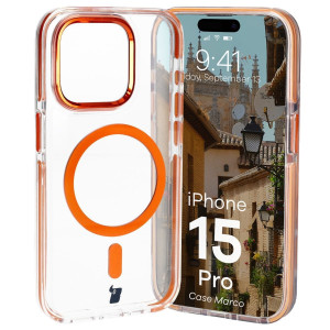 Etui z pierścieniem magnetycznym Bizon Case Marco do iPhone 15 Pro, przezroczyste z pomarańczową ramką