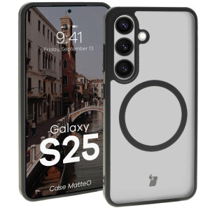 Etui z pierścieniem magnetycznym Bizon Case MatteO do Galaxy S25 , półprzezroczyste z czarną ramką