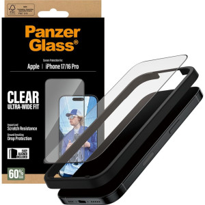 Szkło hartowane z aplikatorem PanzerGlass Ultra-Wide Fit do iPhone 17 / 16 Pro, przezroczyste z czarną ramką