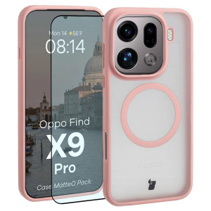 Etui z pierścieniem magnetycznym + szkło hartowane Bizon MatteO Pack do Oppo Find X9 Pro, przydymione-jasnoróżowe