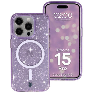 Etui brokatowe z pierścieniem magnetycznym Bizon Case SparklO do iPhone 15 Pro, przezroczysto-fioletowe z brokatem