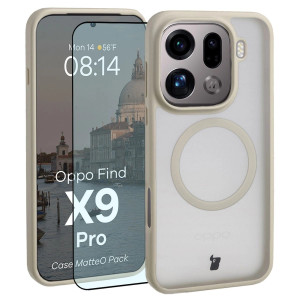 Etui z pierścieniem magnetycznym + szkło hartowane Bizon MatteO Pack do Oppo Find X9 Pro, przydymione-beżowe
