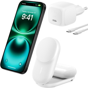 Ładowarka indukcyjna Belkin Ultra Charge Foldable Round 2-in-1 Qi2.2 25W dla AirPods / iPhone z MagSafe +PSU WIZ039, biała