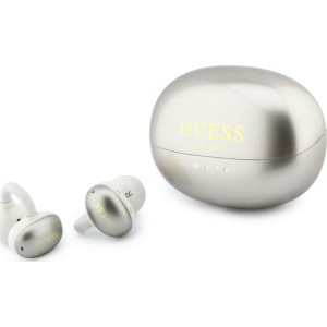 Bezprzewodowe słuchawki douszne, otwarte Guess OWS Metalic Finish Electroplated Parts Classic Logo, Bluetooth 6.0, biało-szare, metaliczne