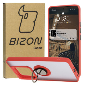 Etui z uchwytem na palec Bizon Case Hybrid Ring do Xiaomi 14T, przydymione z czerwoną ramką