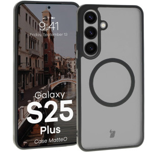 Etui z pierścieniem magnetycznym Bizon Case MatteO do Galaxy S25 Plus, półprzezroczyste z czarną ramką