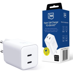 Ładowarka sieciowa GaN, 2x USB-C, PD 45W AVS, 3mk Hyper Charger, biała