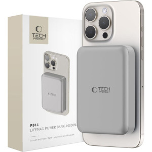 Powerbank z ładowaniem indukcyjnym 10000mAh 15W + kabel USB-C 0.5m, Tech-Protect PB11 Lifemag, szary