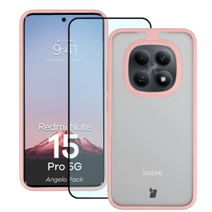 Etui + szkło hartowane Bizon Angelo Pack do Xiaomi Redmi Note 15 Pro 5G, półprzezroczyste z jasnoróżową ramką