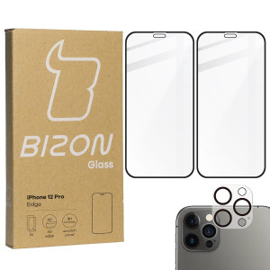 2x Szkło + szybka na aparat Bizon Glass Edge Pack, iPhone 12 Pro, czarne