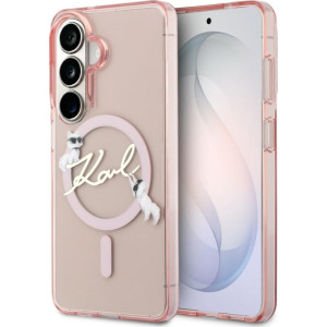 Etui Karl Lagerfeld IML Print MagSafe Karl Script do Galaxy S26, półprzezroczyste różowe z kotką Choupette