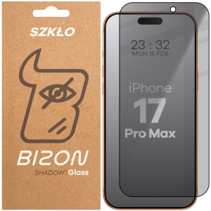Prywatyzujące szkło hartowane Bizon Glass Edge Shadow do iPhone 17 Pro Max, przyciemniane z czarną ramką