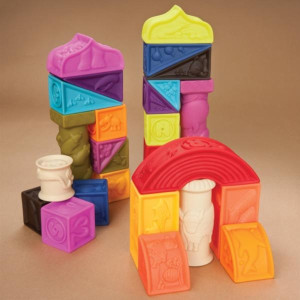 B.toys - Elemenosqueeze – Zestaw 26 miękkich kolorowych klocków sensorycznych – elementy architektoniczne i alfabet - standard