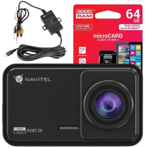 Zestaw Wideorejestrator kamera samochodowa Navitel R285 2K + adapter zasilania Smartbox NAVITEL + karta microSD 64 GB
