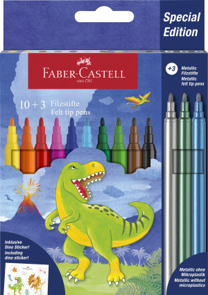 FLAMASTRY ZAMEK FABER-CASTELL EDYCJA DINOZAURY 10 KOL. STANDARDOWYCH + 3 KOL. METALICZNE + NAKLEJKI