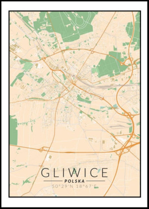 Gliwice, Polska mapa kolorowa - plakat Wymiar do wyboru: 21x29,7 cm