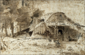 Cottage near the Entrance to a Wood, Rembrandt - plakat Wymiar do wyboru: 50x40 cm