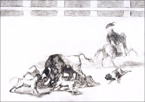 Plate 25 from the Tauromaquia- They loose dogs on the bull, Francisco Goya - plakat Wymiar do wyboru: 42x29,7 cm