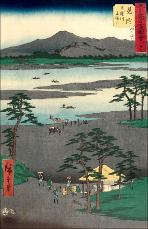Mitsuke Ferry on the Tenryû River, Hiroshige Ando - plakat Wymiar do wyboru: 59,4x84,1 cm