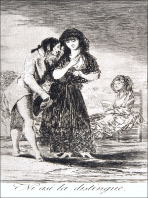 Plate 7 from Los Caprichos- Even thus he cannot make her out (Ni asi la distingue, Francisco Goya - plakat Wymiar do wyboru: 50x70 cm