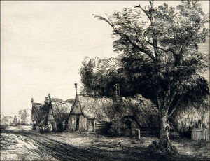 Landscape with Three Gabled Cottages Beside a Road, Rembrandt - plakat Wymiar do wyboru: 29,7x21 cm