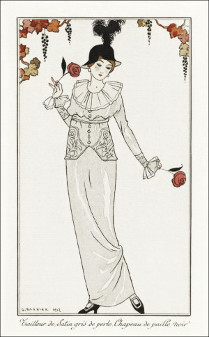 Costumes Parisiens, no. 8: Tailleur de Satin gris de perle. Chapeau de paille noir from Journal des Dames et des Modes, George Barbier - plakat Wymiar