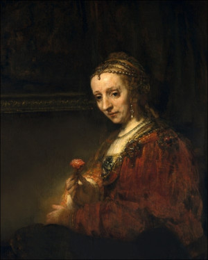 Woman with a Pink, Rembrandt - plakat Wymiar do wyboru: 40x60 cm