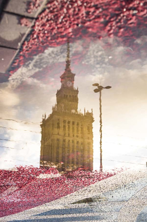 Warszawa Pałac Kultury w odbiciu - plakat premium Wymiar do wyboru: 70x100 cm