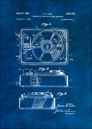 Patent, Gramofon z 1950 Niebieskie - plakat Wymiar do wyboru: 59,4x84,1 cm