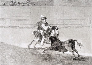 Plate 13 of the Tauromaquia- A Spanish mounted knight in the ring breaking short spears without the help of assistants,, Francisco Goya - plakat Wymia