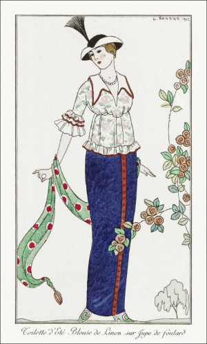 Costumes Parisiens, no. 3: Toilette d'Été, Toilette d'Été Blouson de Linon sur Jupe de foulard from Journal des Dames et des Modes, George Barbier - p