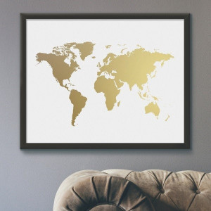 Mapa świata - plakat ze złotym nadrukiem , wymiary - 60cm x 90cm, kolor ramki - biały, kolor nadruku - srebrny