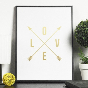 Love - plakat ze złotym nadrukiem , wymiary - 60cm x 90cm, kolor ramki - czarny, kolor nadruku - srebrny