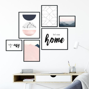 Galeryjka plakatów - pink-blue design , kolor ramki - czarny, wymiary galerii - 40cm x 50cm (2 sztuki) + 30cm x 40cm (2 sztuki) + 20cm x 30cm (2 sztuk