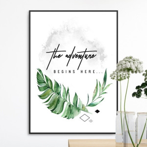 Plakat w ramie - the adventure begins here , wymiary - 20cm x 30cm, ramka - czarna