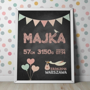 Metryczka dla dziecka - plakat personalizowany w ramie , wymiary - 60cm x 90cm, kolor ramki - czarny