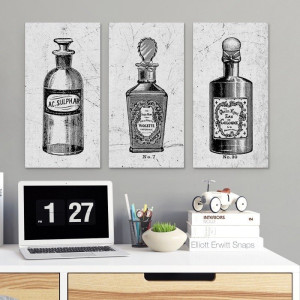 Vintage perfume - komplet trzech obrazów na płótnie , wymiary - 60cm x 30cm (3 sztuki)