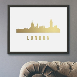 Panorama londynu - plakat ze złotym nadrukiem , wymiary - 70cm x 100cm, kolor ramki - czarny, kolor nadruku - złoty