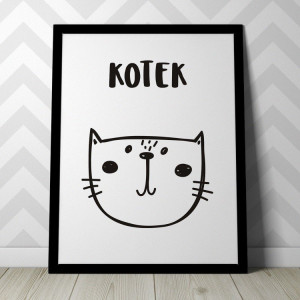 Kotek - plakat dla dzieci , wymiary - 18cm x 24cm, kolor ramki - czarny