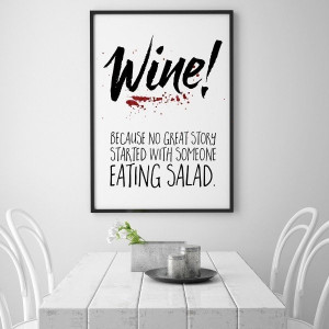 Wine! - plakat typograficzny , wymiary - 60cm x 90cm, ramka - biała , wersja - białe napisy + czarne tło