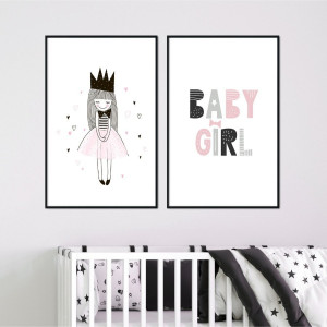 Zestaw plakatów dziecięcych - baby girl , kolor ramki - biały, wymiary - 70cm x 100cm (2 sztuki)