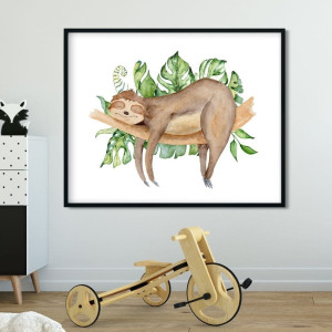 Plakat dla dzieci - sleeping sloth , wymiary - 60cm x 90cm, kolor ramki - biały
