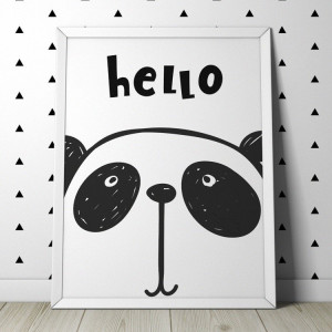 Hello panda - plakat dla dzieci , wymiary - 70cm x 100cm, kolor ramki - czarny