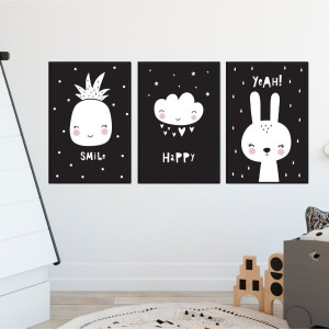 Zestaw plakatów dziecięcych - happy art , wymiary - 30cm x 40cm (3 sztuki), kolor ramki - czarny