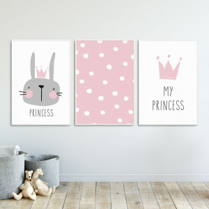 Zestaw plakatów dziecięcych - princess rabbit , wymiary - 60cm x 90cm (3 sztuki), kolor ramki - biały