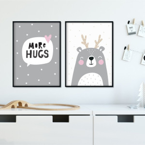 Zestaw plakatów dziecięcych - more hugs , wymiary - 40cm x 50cm (2 sztuki), kolor ramki - czarny